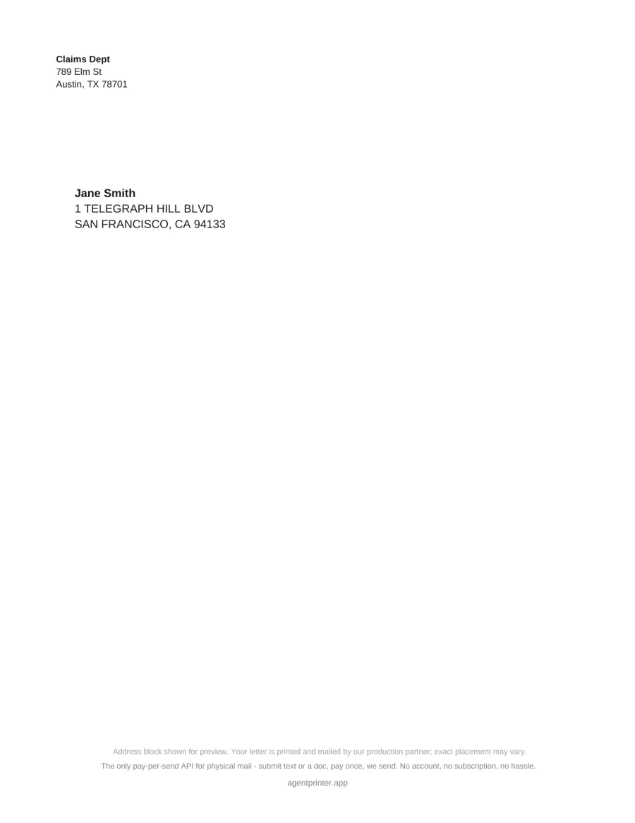 Letter envelope cover page with return and recipient addresses
