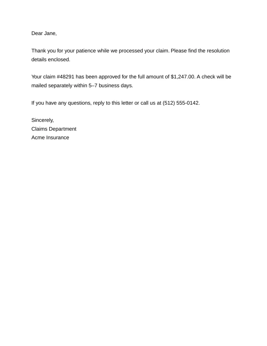 Rendered letter body: claim approval letter to Jane from Claims Department