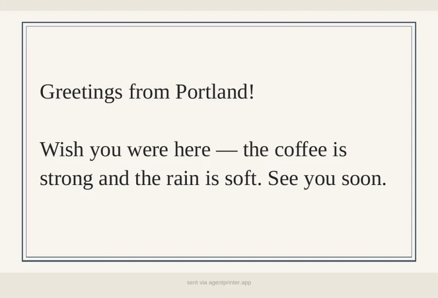 Rendered postcard front: classic framed layout saying greetings from Portland